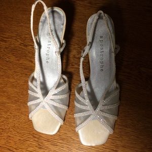 White Sequin & Satin Open Toe Sling-Back Heels